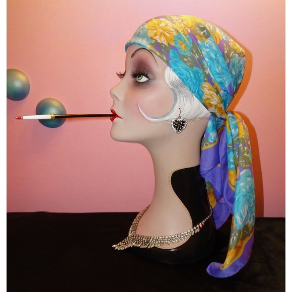 Vintage Blue & Purple Extra Large Floral Scarf square shaped flowers leaves 70s - Picture 15 of 16